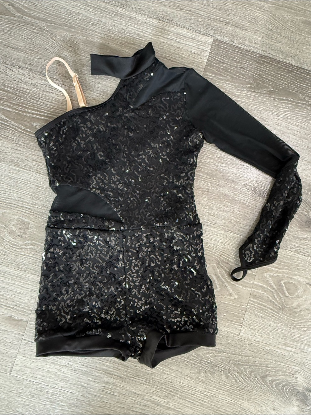 Kids Black Sequin One-Arm Dance Costume